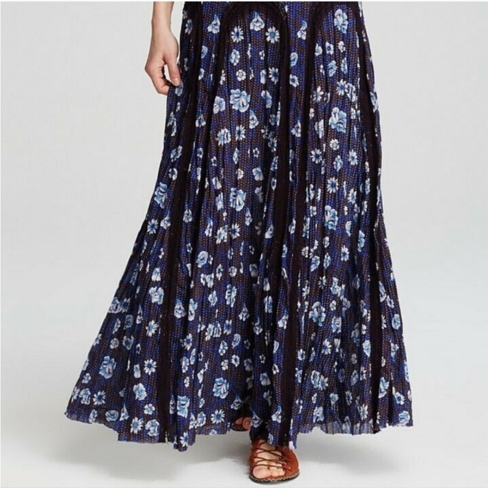 Free People Zoe Maxi Indigo Combo Skirt S Cotton Floral Lace